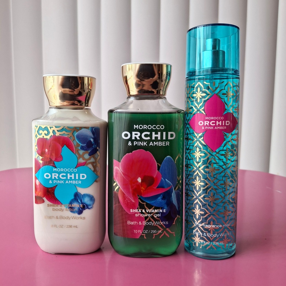Bath & Body Works MOROCCO ORCHID & PINK AMBER Lotion Gel Wash Fragrance Mist Set